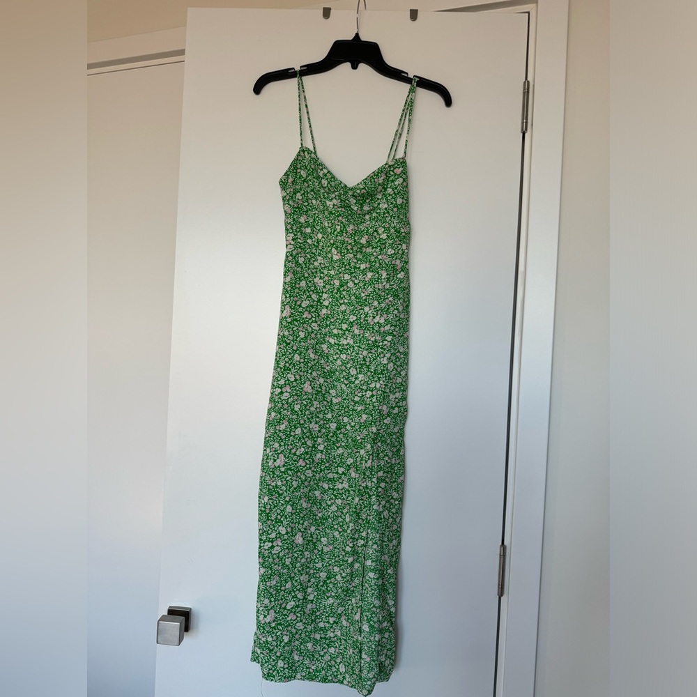 Midi green Summer dress with pink flowers